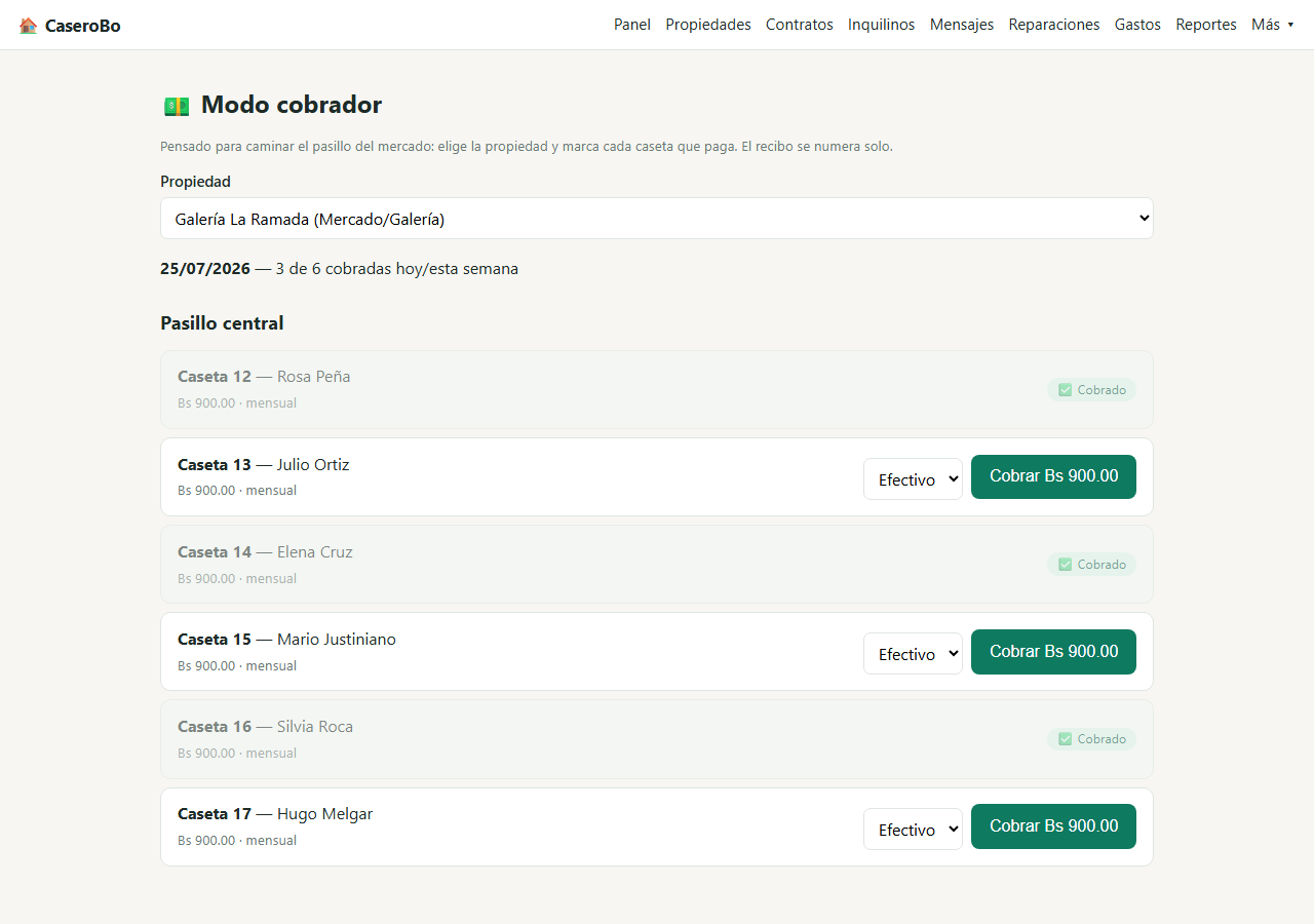 Modo cobrador: lista de casetas del mercado para marcar quién pagó